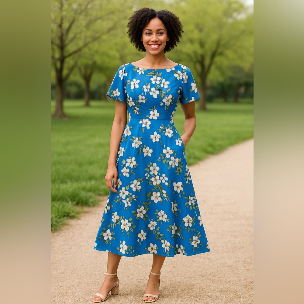 Alexia Admor Blue Floral Fit & Flare Midi Dress Boat Neck Lined Pockets Size 6